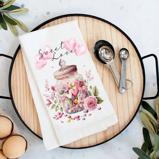 Valentine Candy Jar Sweet Love Heart Flour Sack Tea Towel
