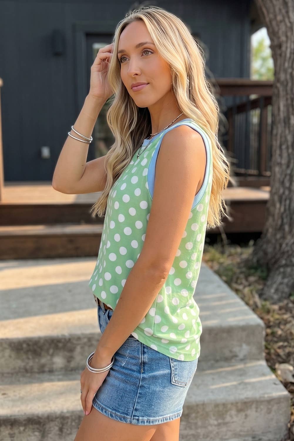 Polka Dot Contrast Trim Round Neck Loose Tank Top