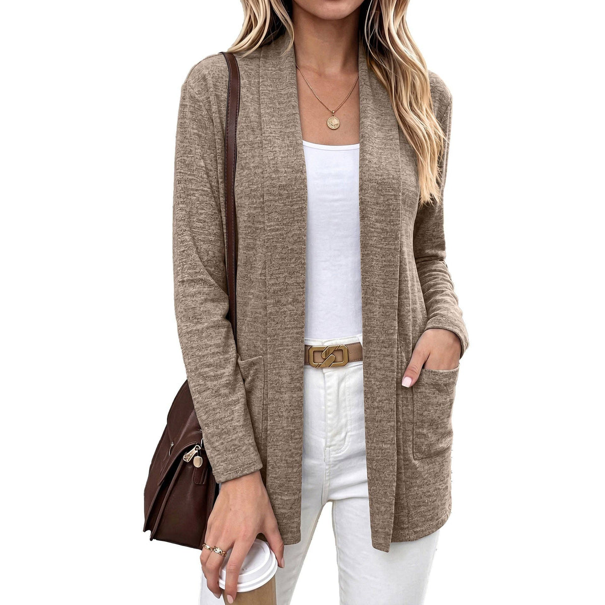 Khaki Open Front Pocket Long Sleeve Cardigan