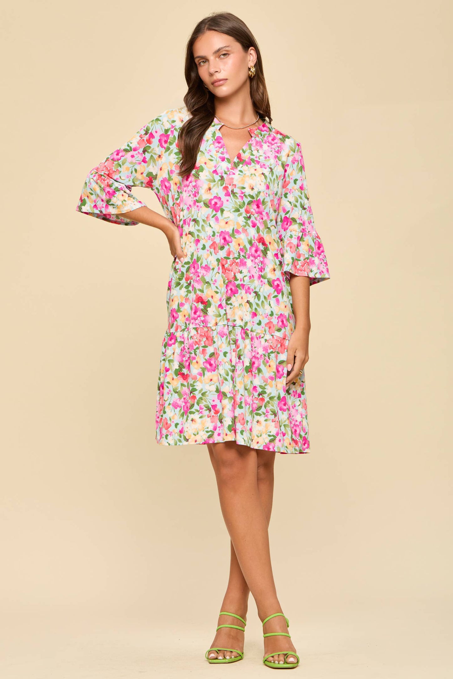 Floral Print Shirred Tiered 3/4 Sleeve Dress