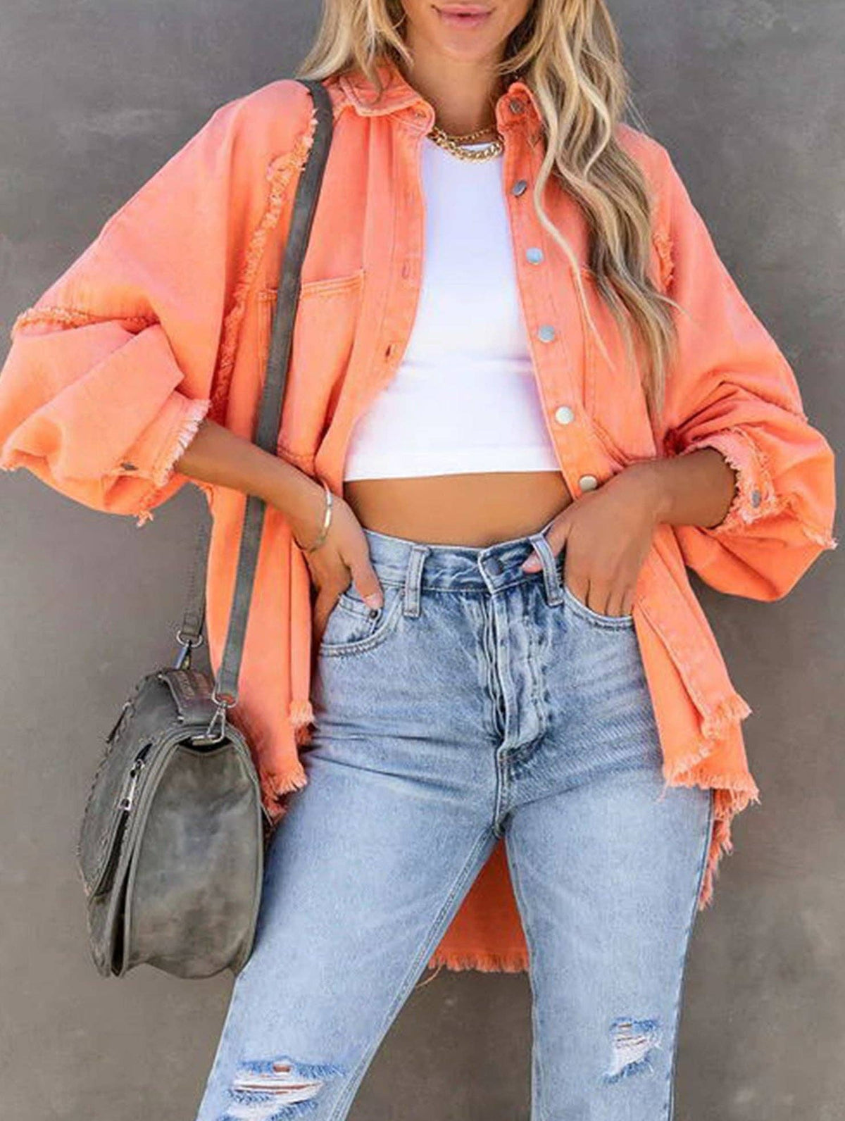 Raw edge denim shirt jacket
