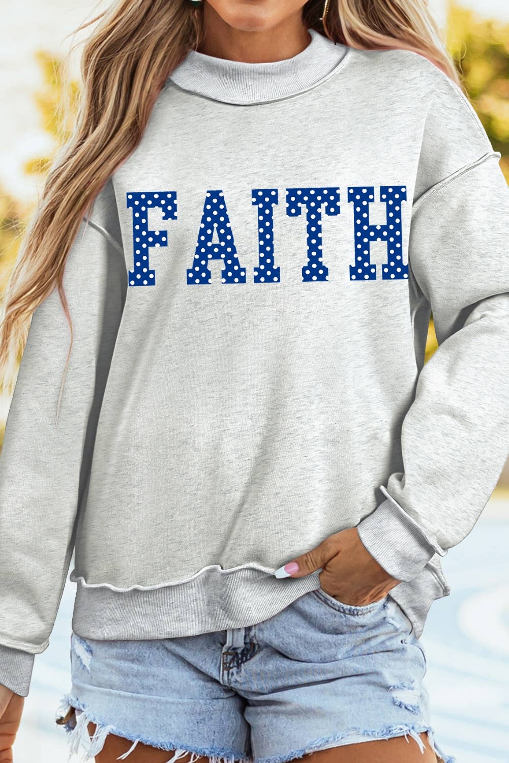 Polka Dot FAITH Print Mock Neck Sweatshirt