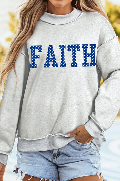 Polka Dot FAITH Print Mock Neck Sweatshirt
