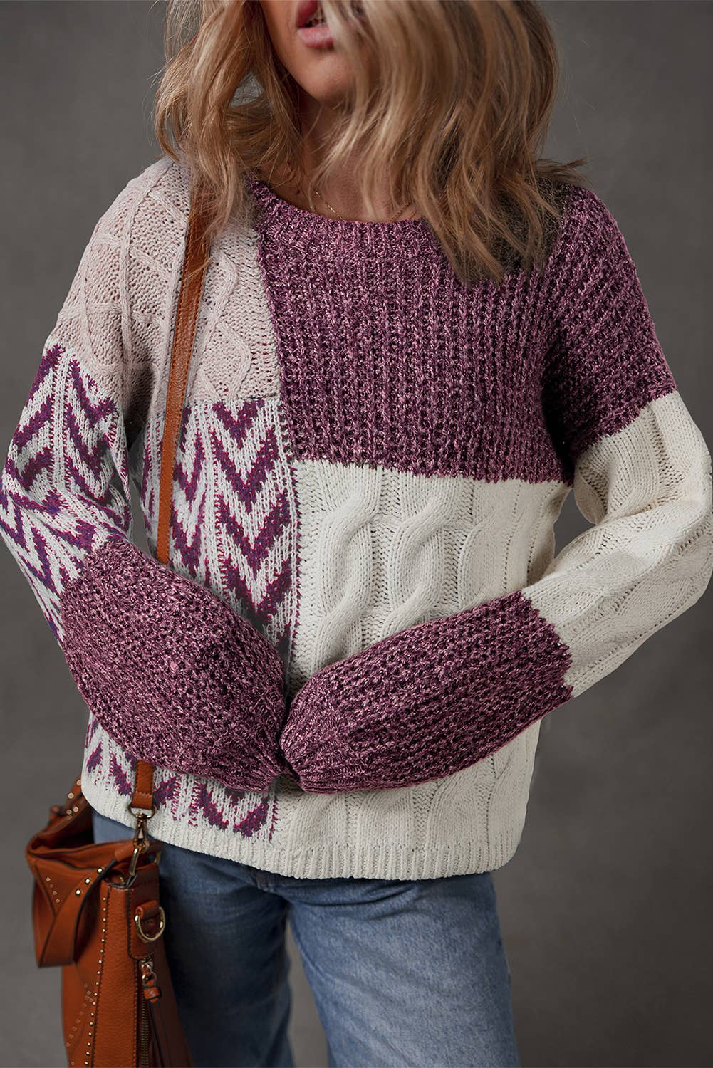 Color Block Patchwork Knotted Back Loose Fit Sweater