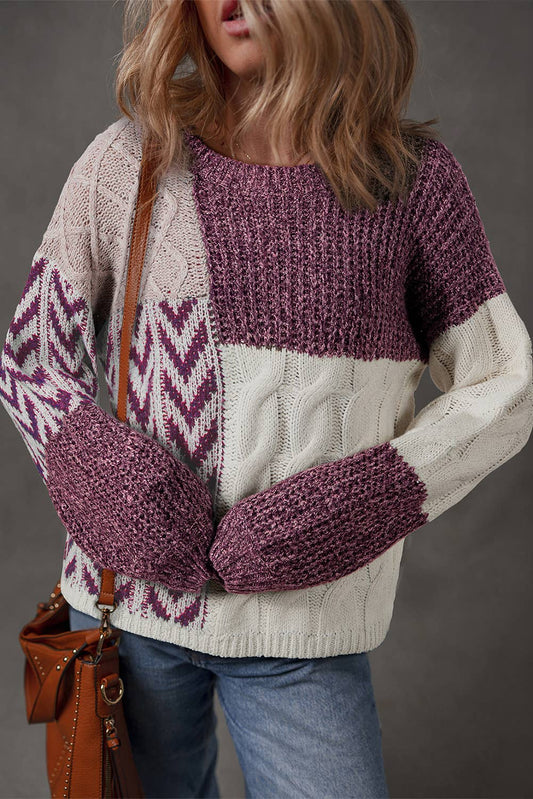 Color Block Patchwork Knotted Back Loose Fit Sweater