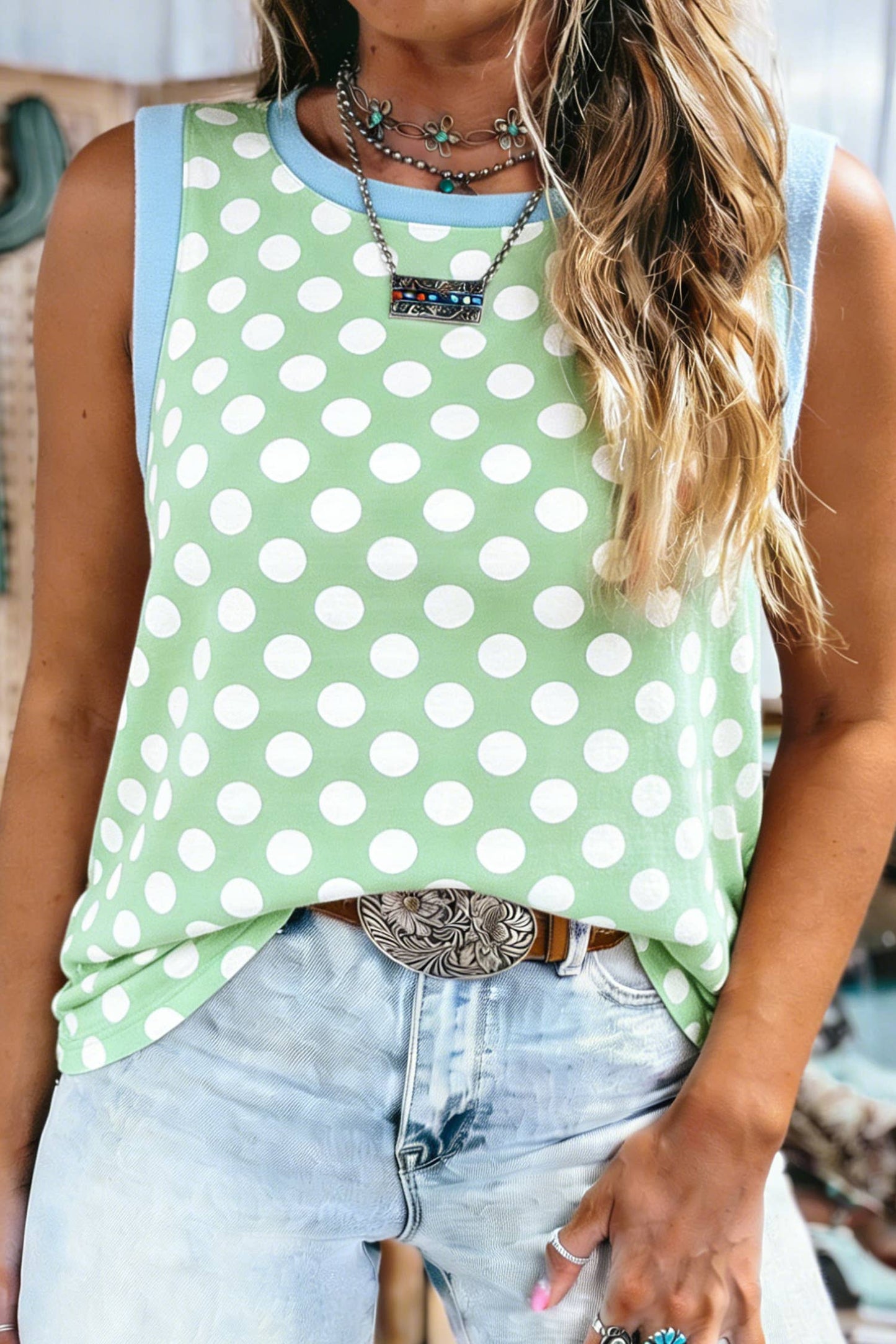 Polka Dot Contrast Trim Round Neck Loose Tank Top