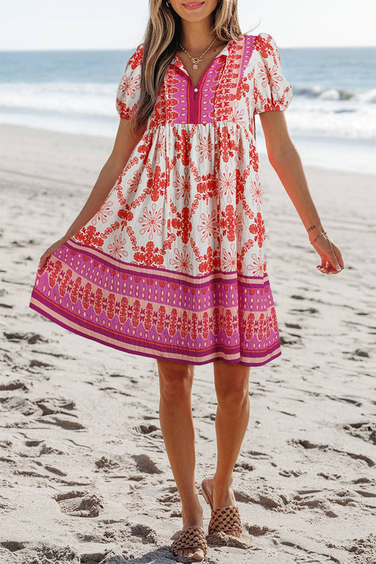 Boho Floral Short Sleeve Lace-up V Neck Mini Dress