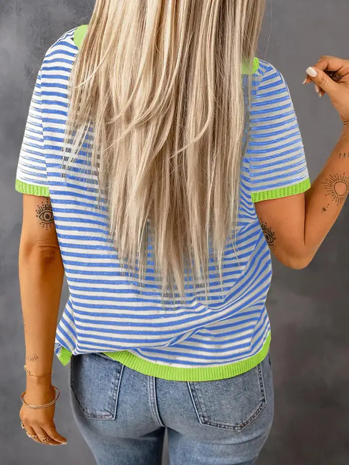Striped Contrast Trim T Shirt Casual Relaxed Fit Sweater