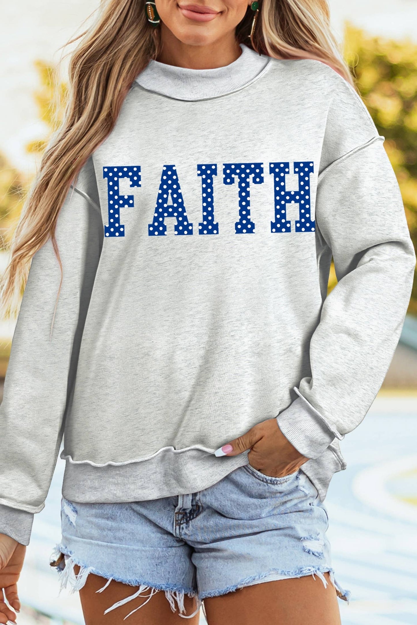 LDC FAITH Print Mock Neck Long Sleeve Pullover Sweatshirt: Light Grey / L