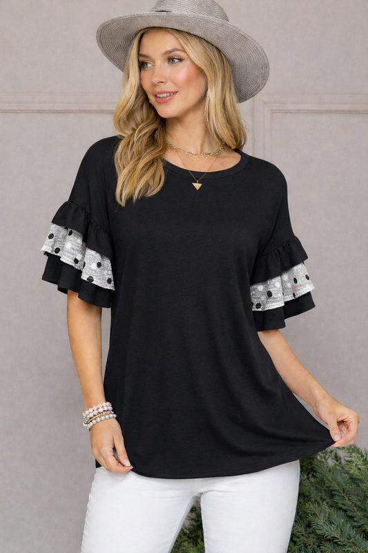 Black Polka Dot Ruffle Sleeve Top