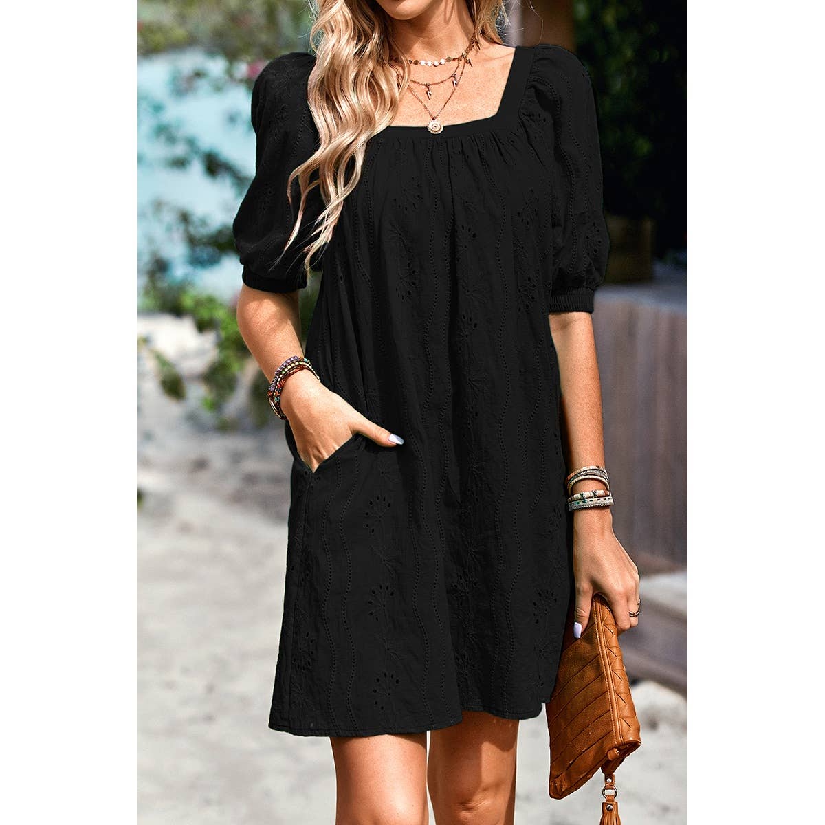 Square Neck Short Bubble Sleeve Babydoll Dress