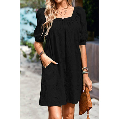 Square Neck Short Bubble Sleeve Babydoll Dress