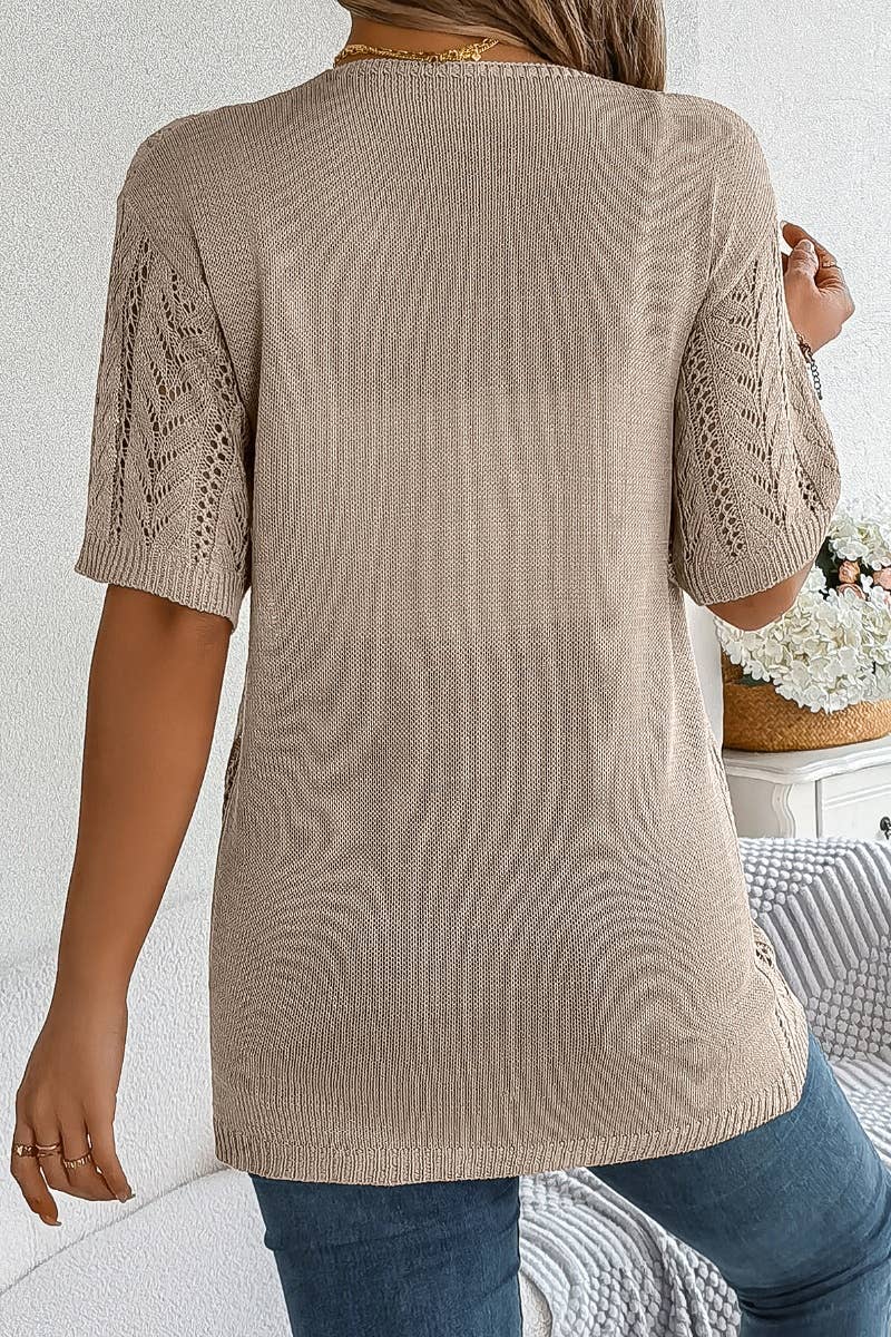 SHORT-SLEEVED HOLLOW-KNIT CARDIGAN