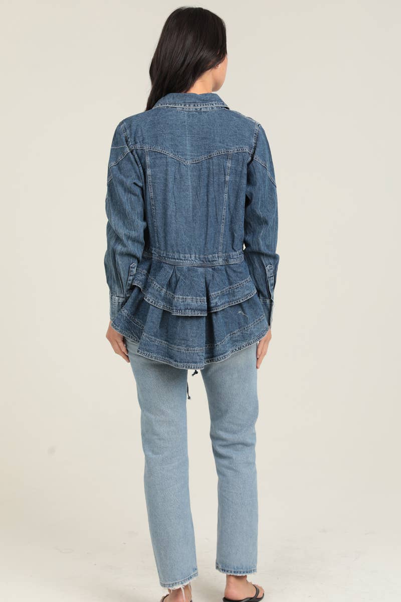 DENIM RUFFLE PEPLUM JACKET
