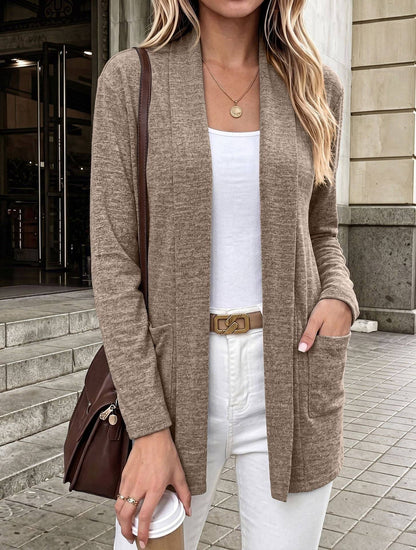 Khaki Open Front Pocket Long Sleeve Cardigan
