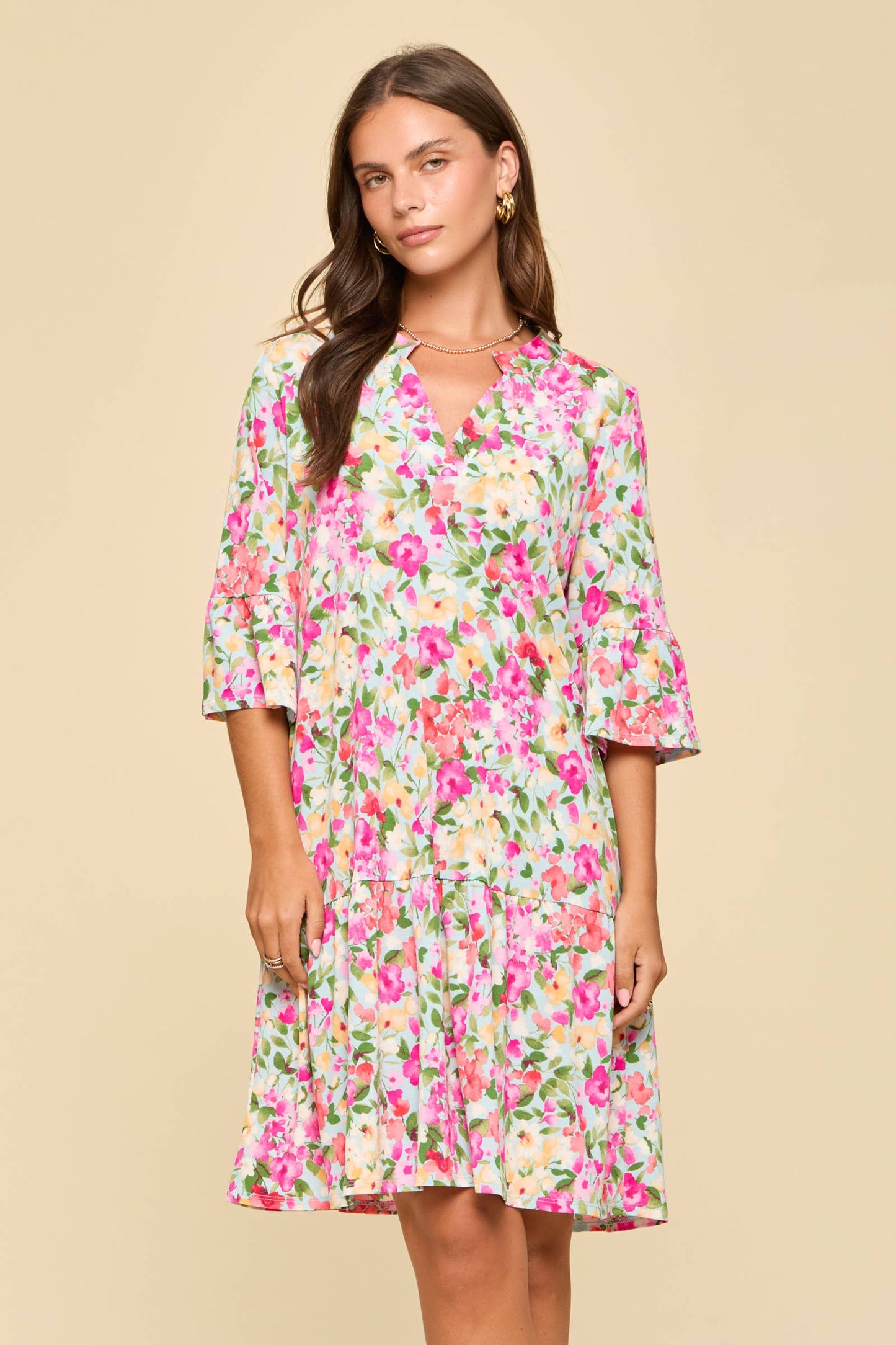 Floral Print Shirred Tiered 3/4 Sleeve Dress