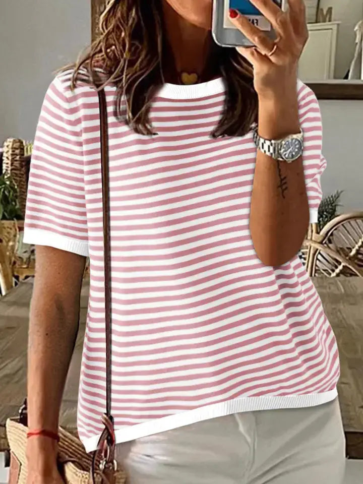 Striped Contrast Trim Casual Relaxed Fit Sweater