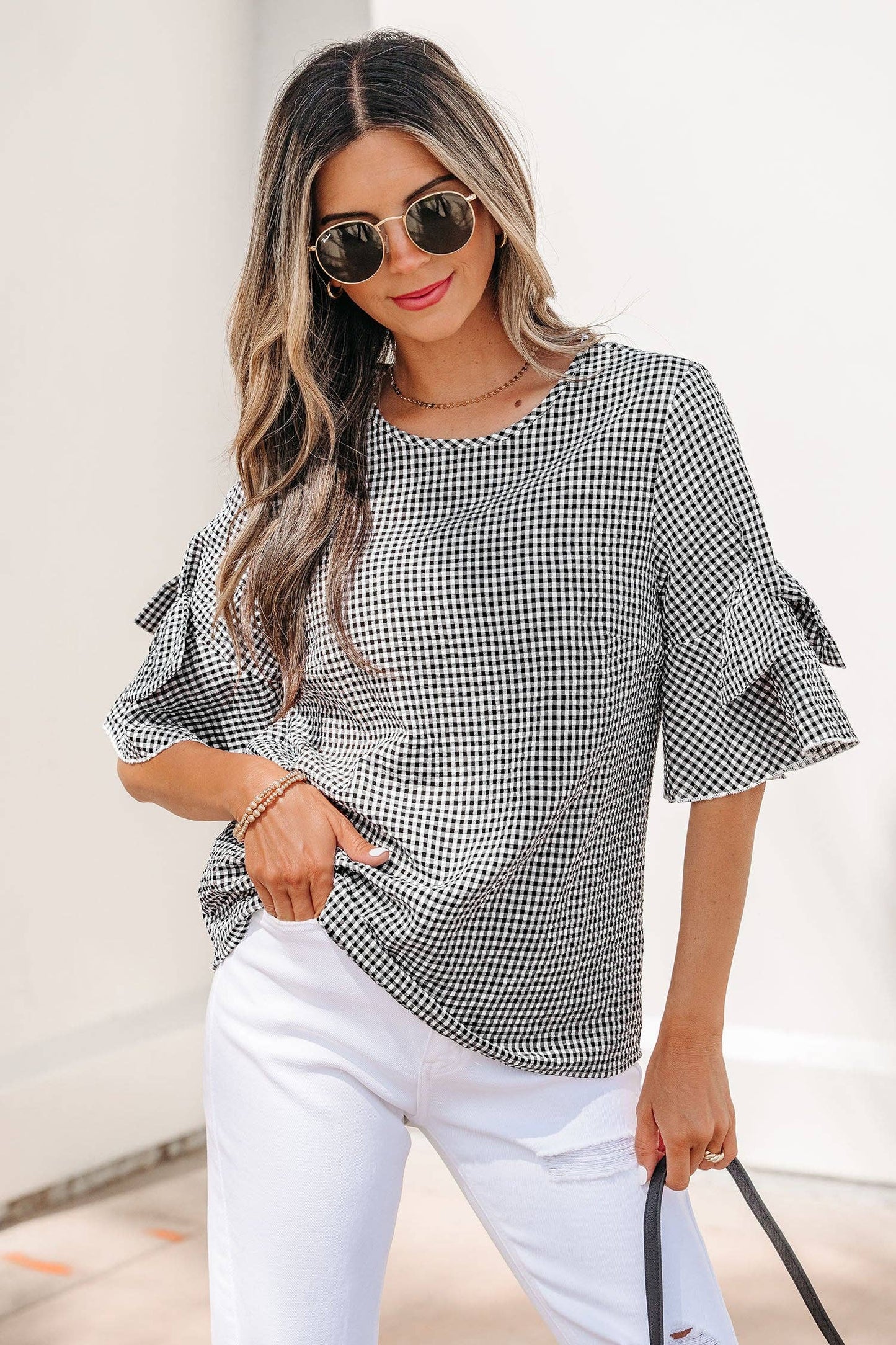 Black Plaid Bow Ruffled Half Sleeve Blouse