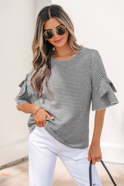 Black Plaid Bow Ruffled Half Sleeve Blouse