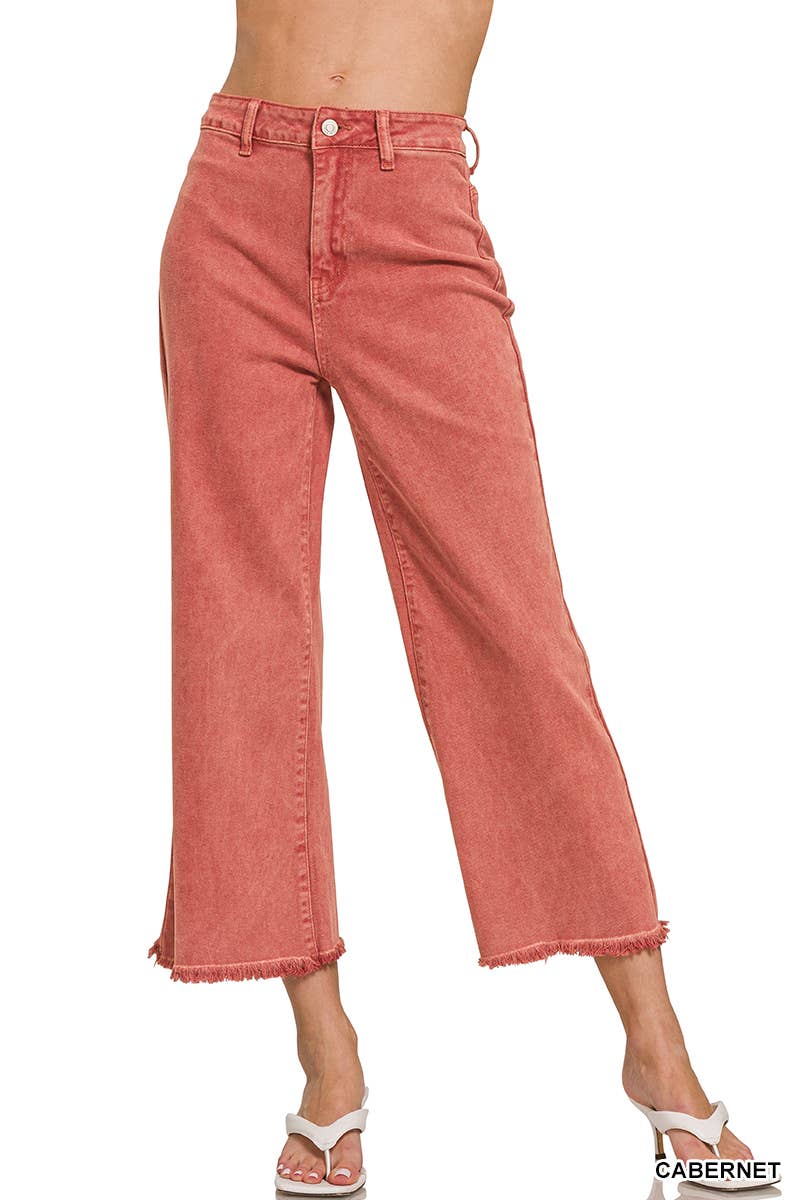 Acid Washed High Waist Frayed Hem Straight Pants: