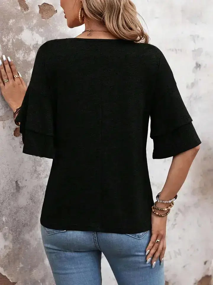 Black V-neck, ruffled T Shirt