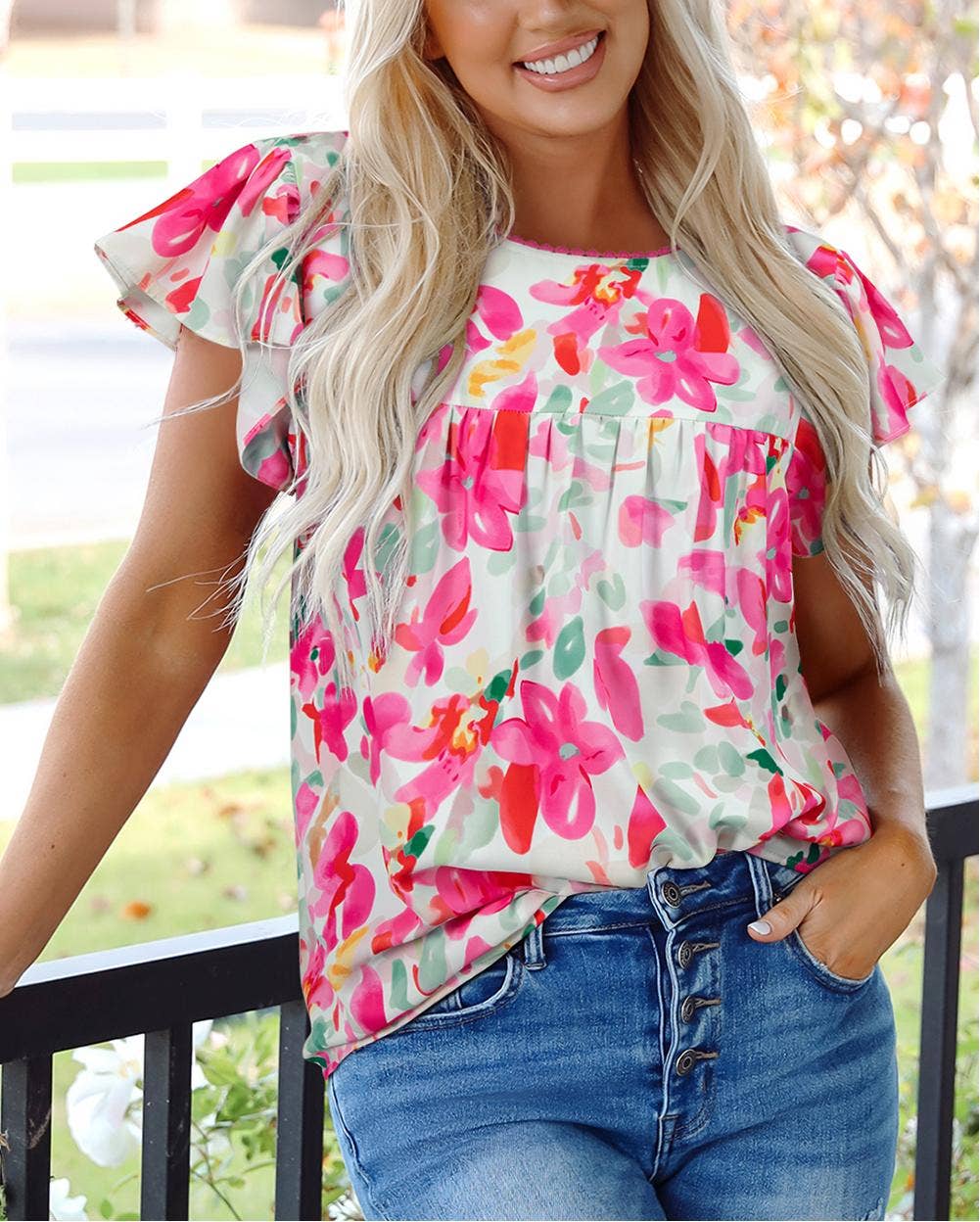 Floral Print Flutter Sleeve Round Neck Casual Blouse