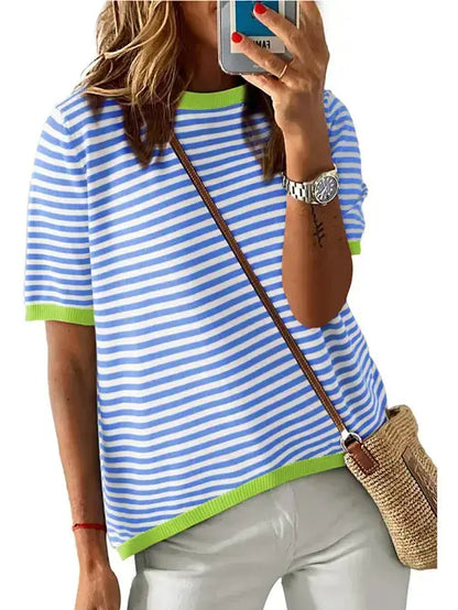 Striped Contrast Trim T Shirt Casual Relaxed Fit Sweater