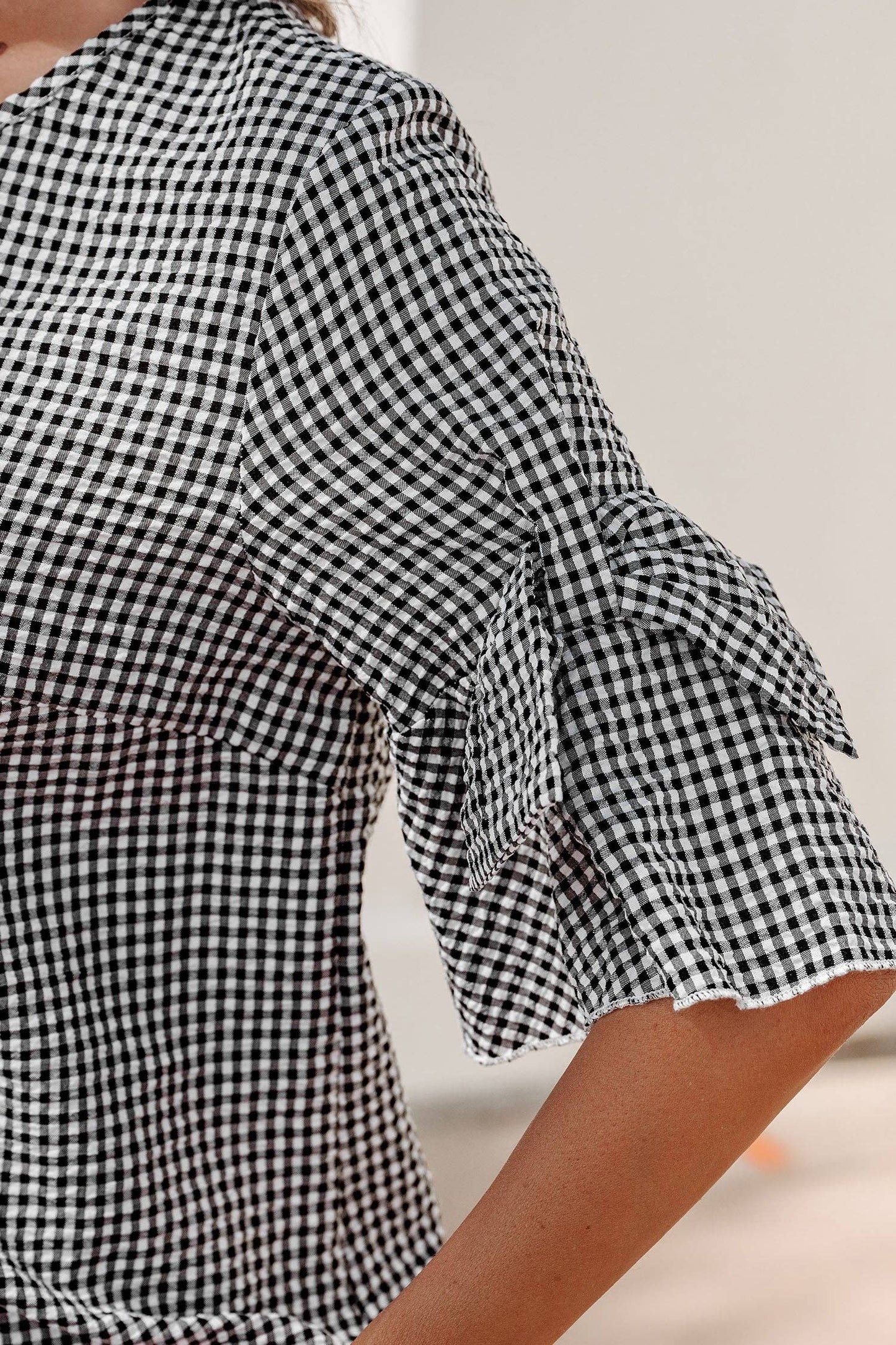 Black Plaid Bow Ruffled Half Sleeve Blouse