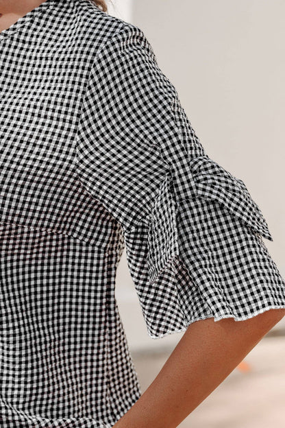 Black Plaid Bow Ruffled Half Sleeve Blouse