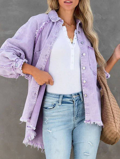 Raw edge denim shirt jacket