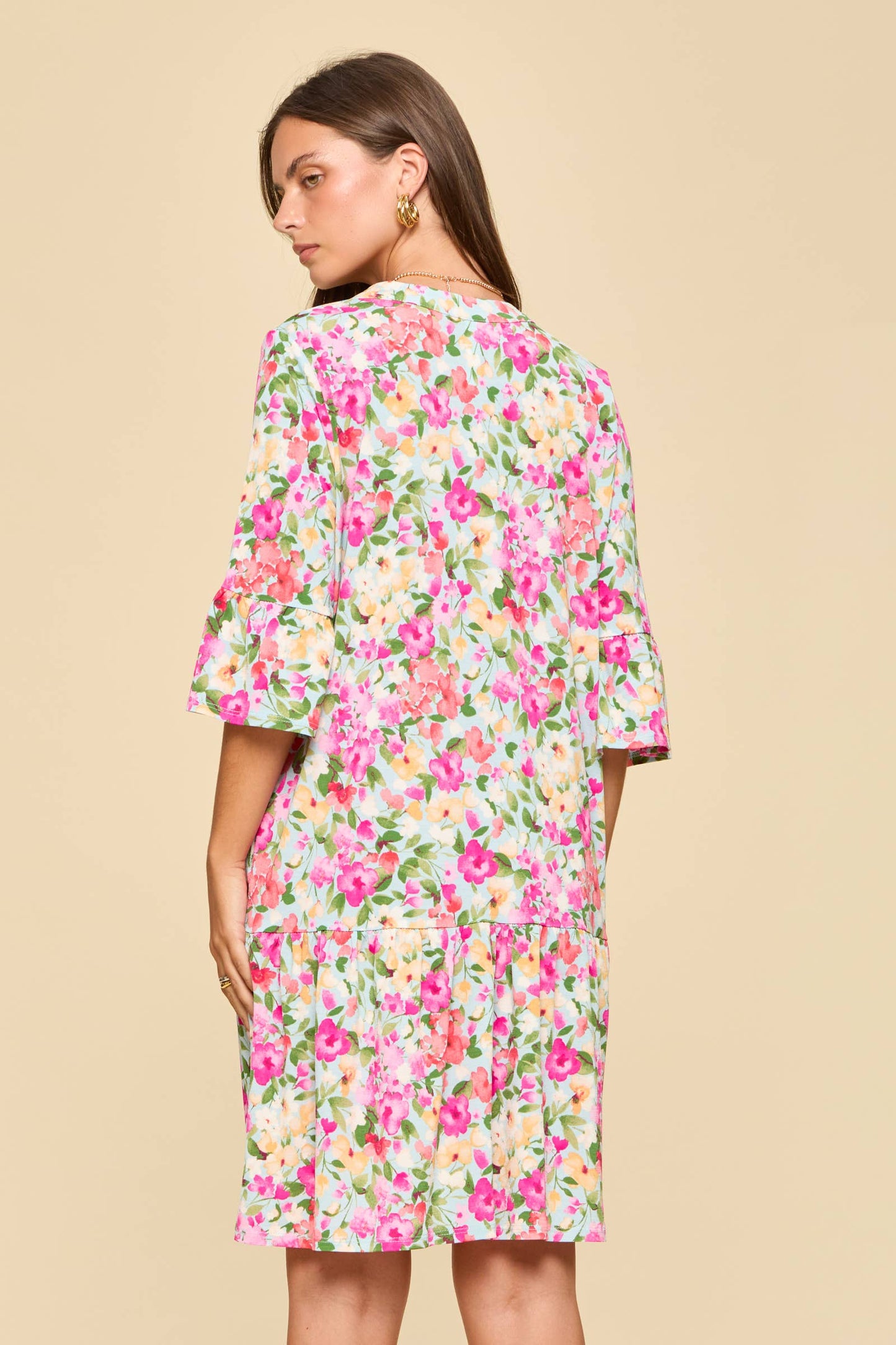 Floral Print Shirred Tiered 3/4 Sleeve Dress