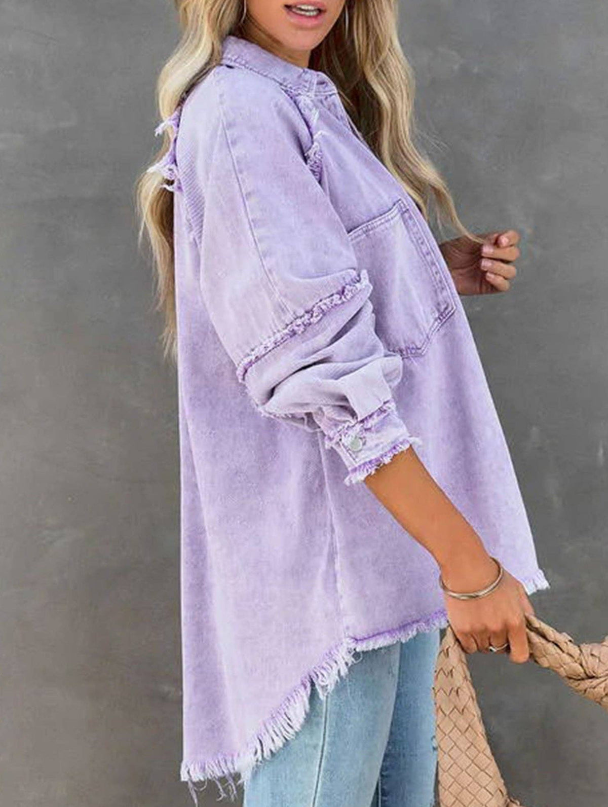 Raw edge denim shirt jacket