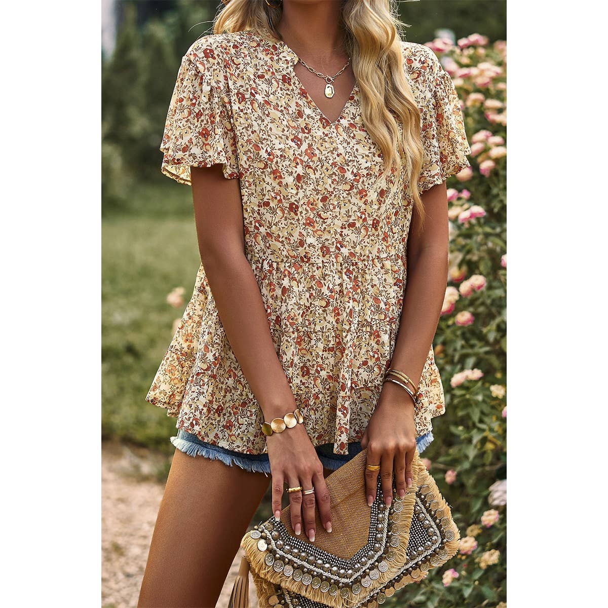 Floral Ruched V Neck Ruffle Short Sleeve Blouse