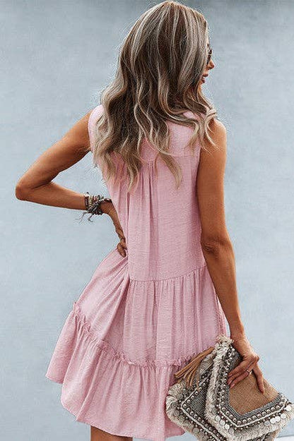 Solid V Neck Flat Collar Tiered Shift Dress