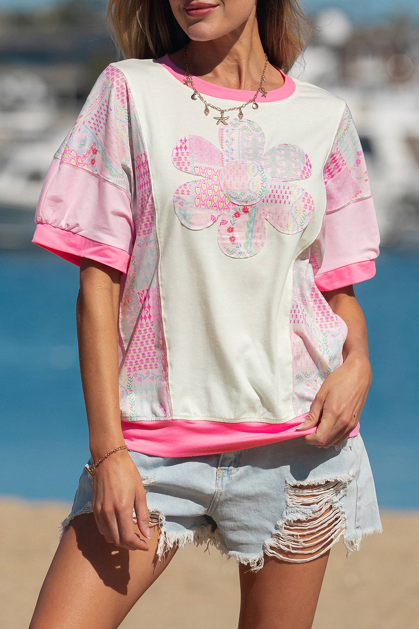 Fashion Floral Patchwork Round Neck Half Sleeve Blouse