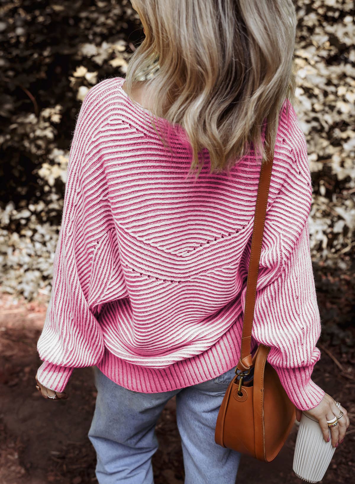Striped Ribbed Knit Boat Neck Baggy Sweater